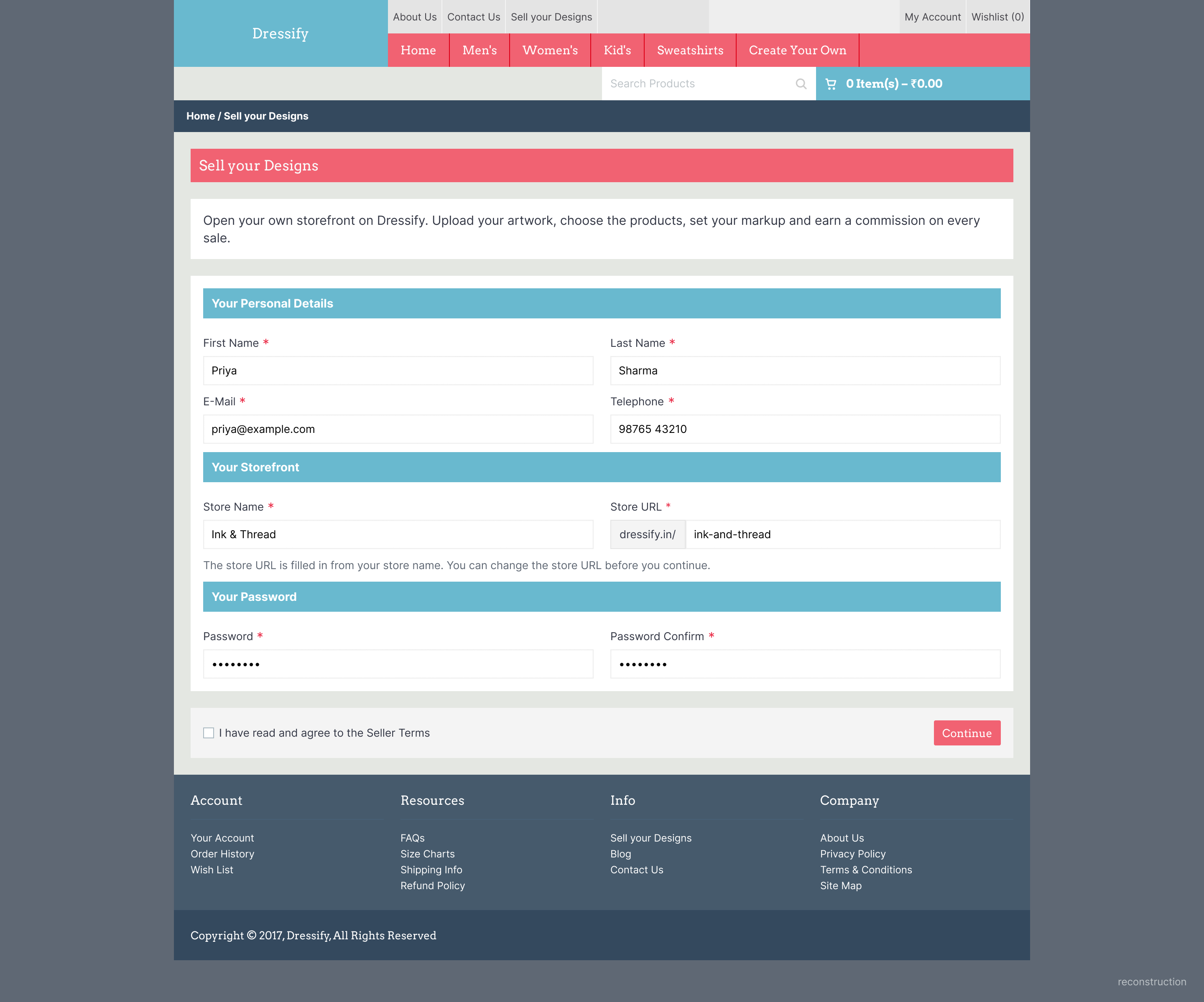 Seller sign-up form with personal details, store name, store URL and password fields.
