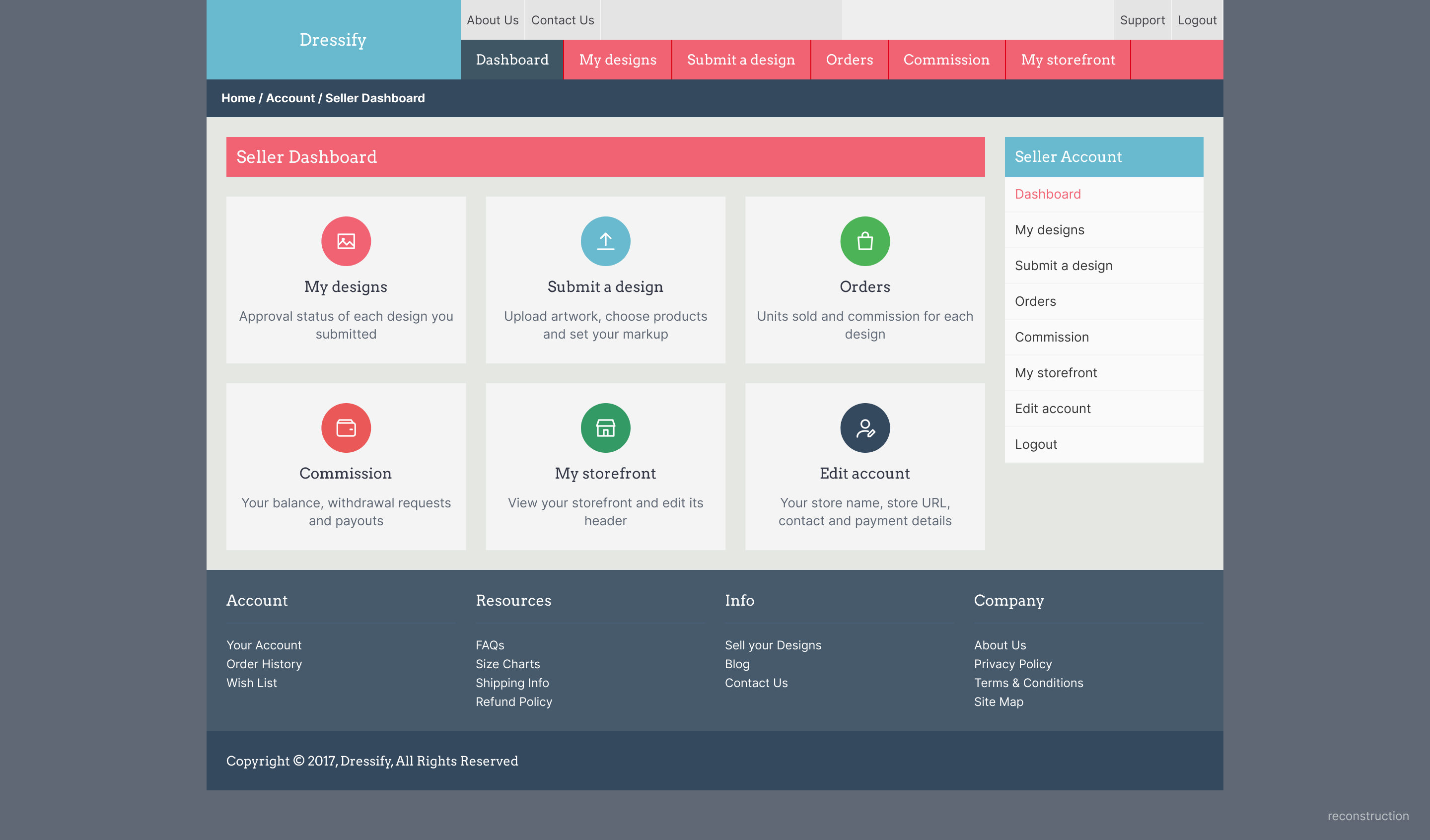 Seller dashboard showing a grid of links to the seller pages and a side column of the same links.