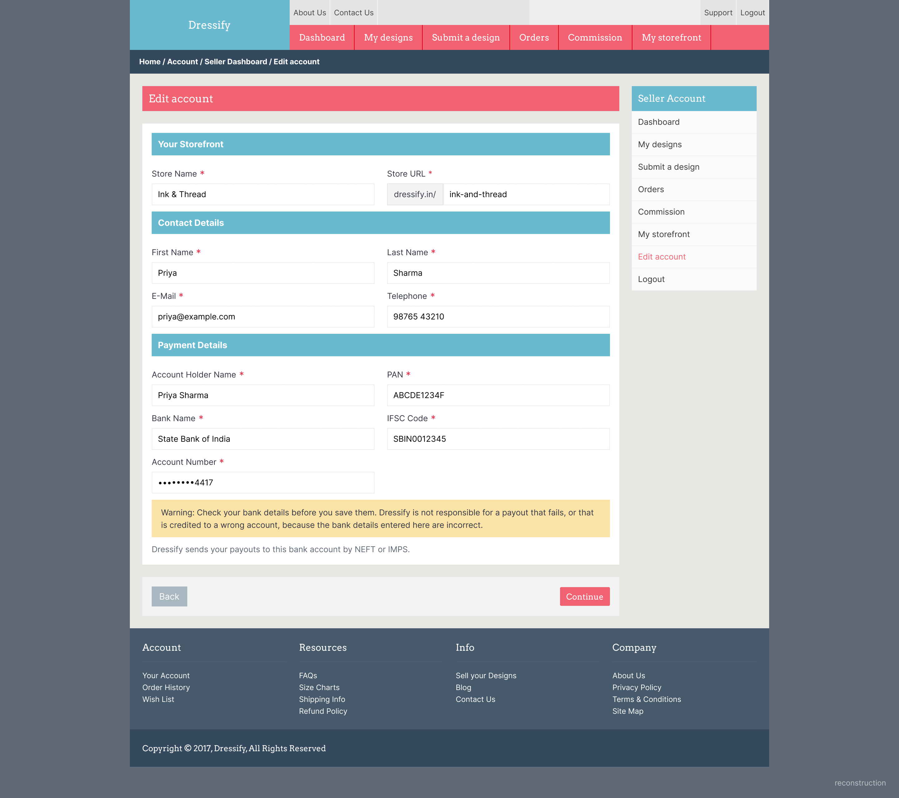 Edit account page with store, contact and bank detail fields and a payout warning.