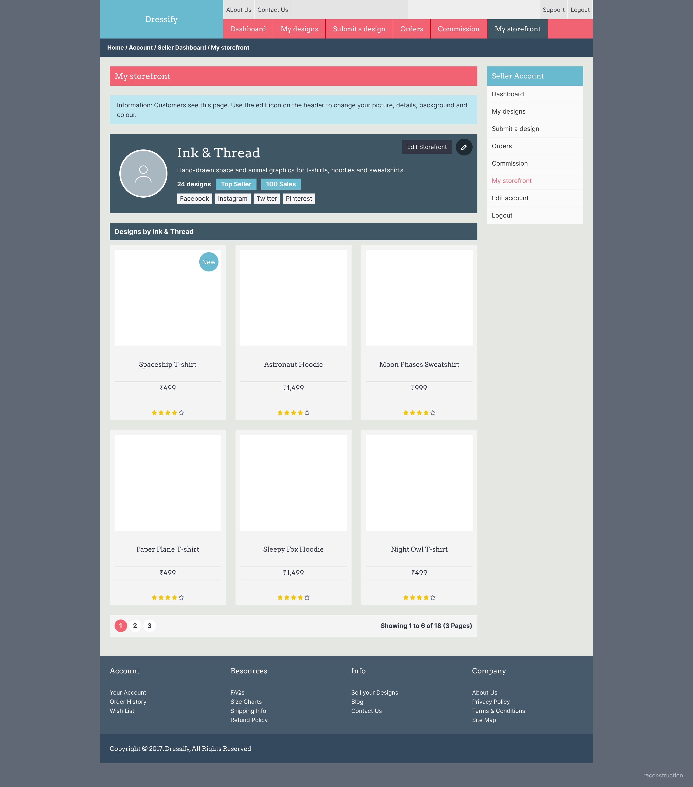 A seller's own storefront with an edit icon on the header and a grid of the seller's products.