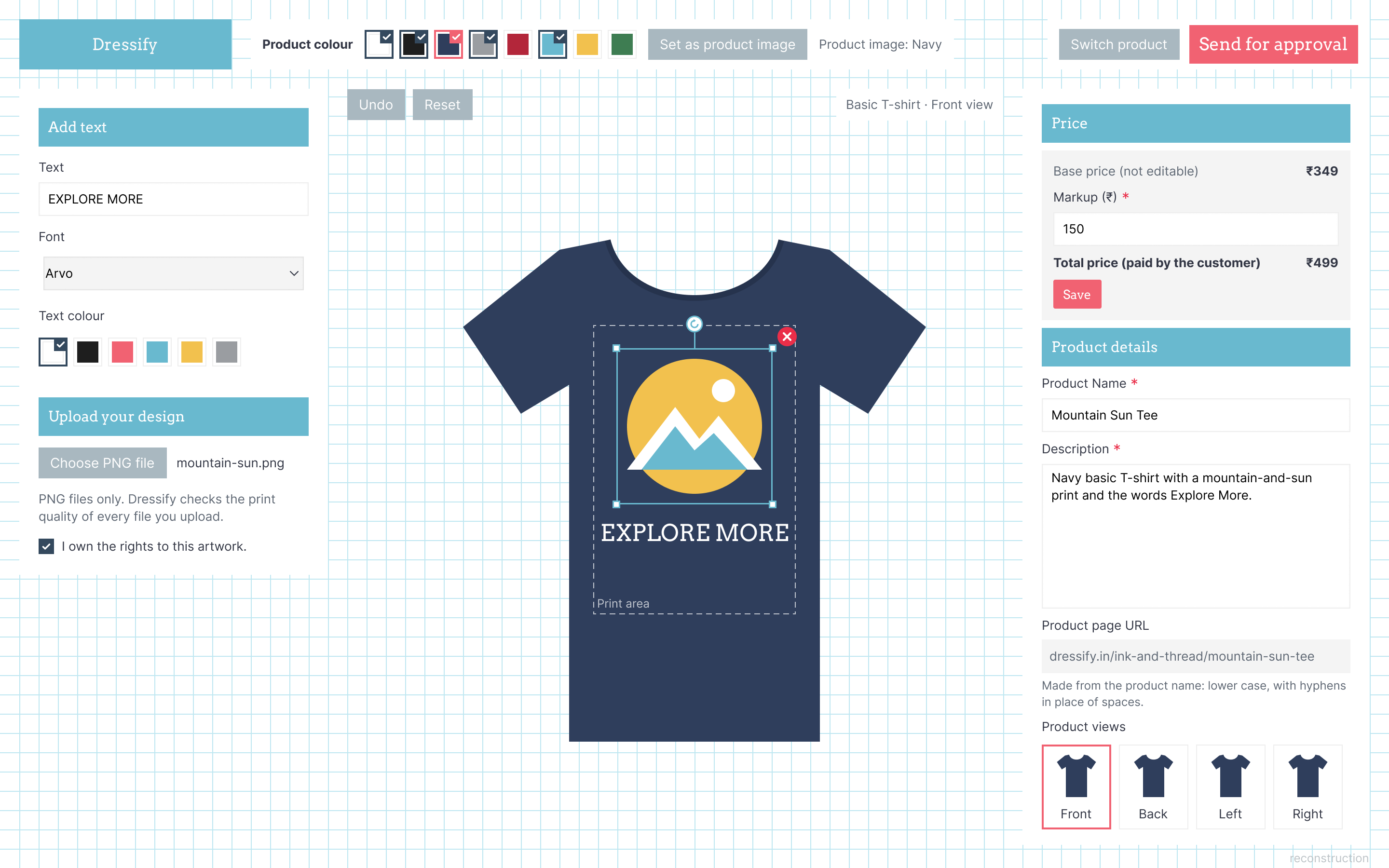 Design tool in seller mode with the product, colour options, design options and price fields.