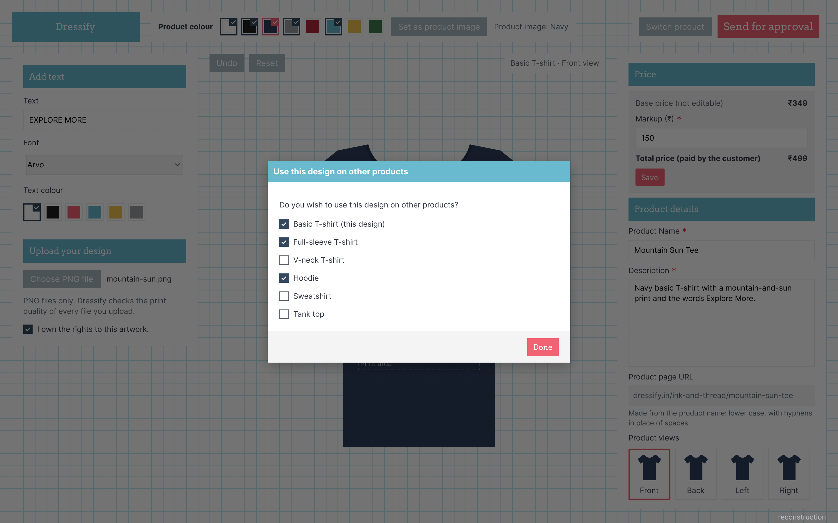 Dialog listing other products with checkboxes for carrying the same design.