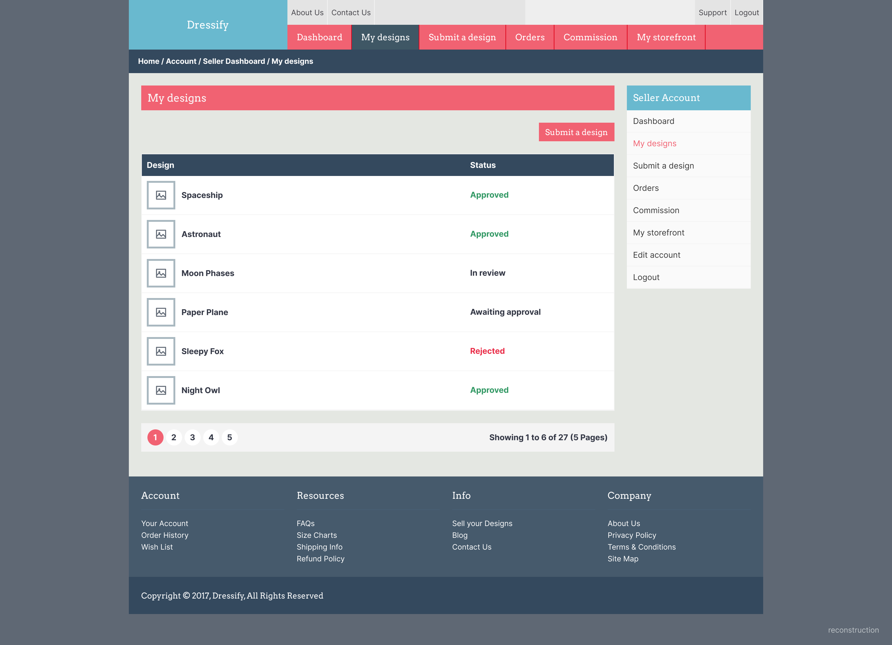 List of a seller's submitted designs with an approval status for each.