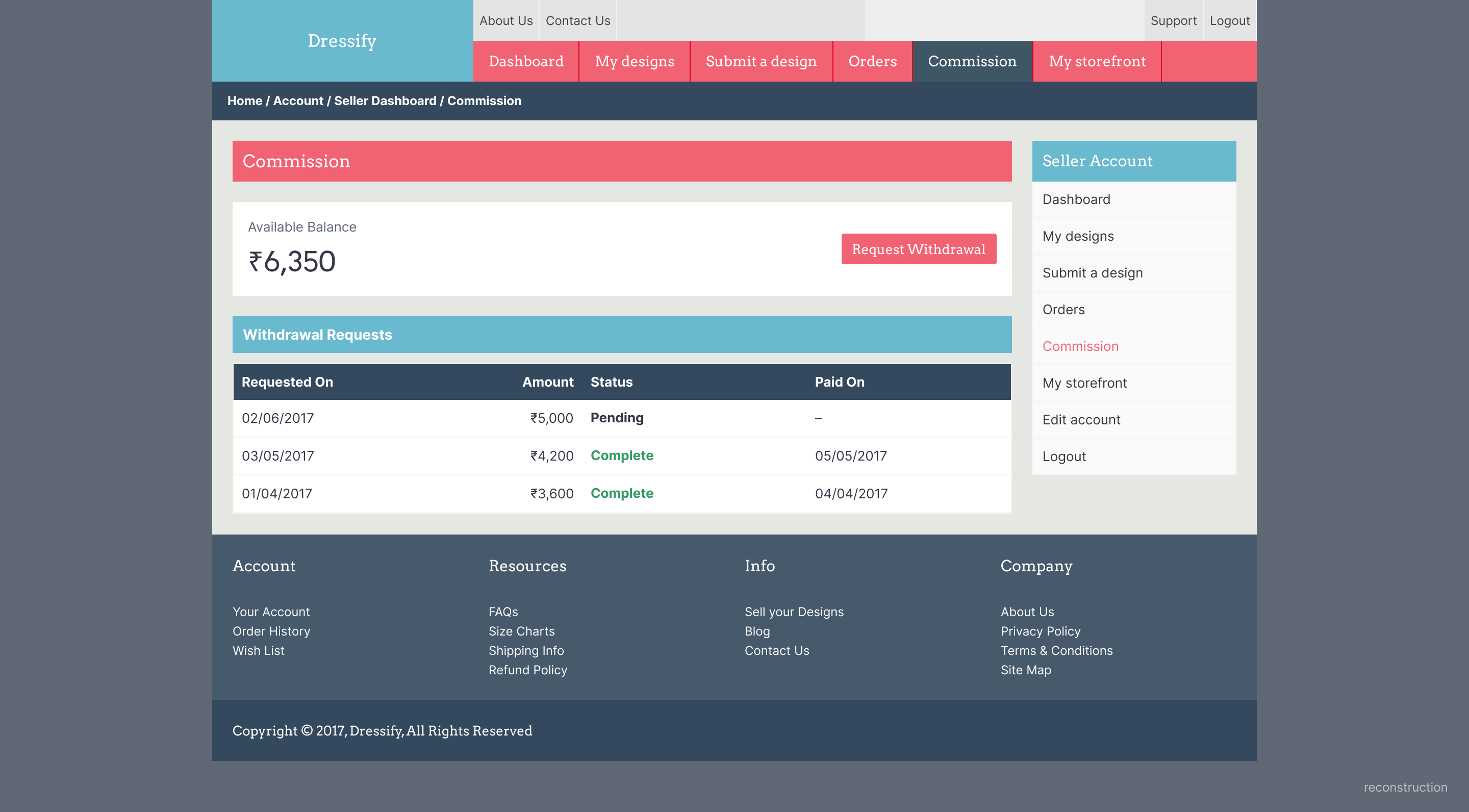 Commission page with the available balance, a withdrawal request and the history of withdrawal requests.