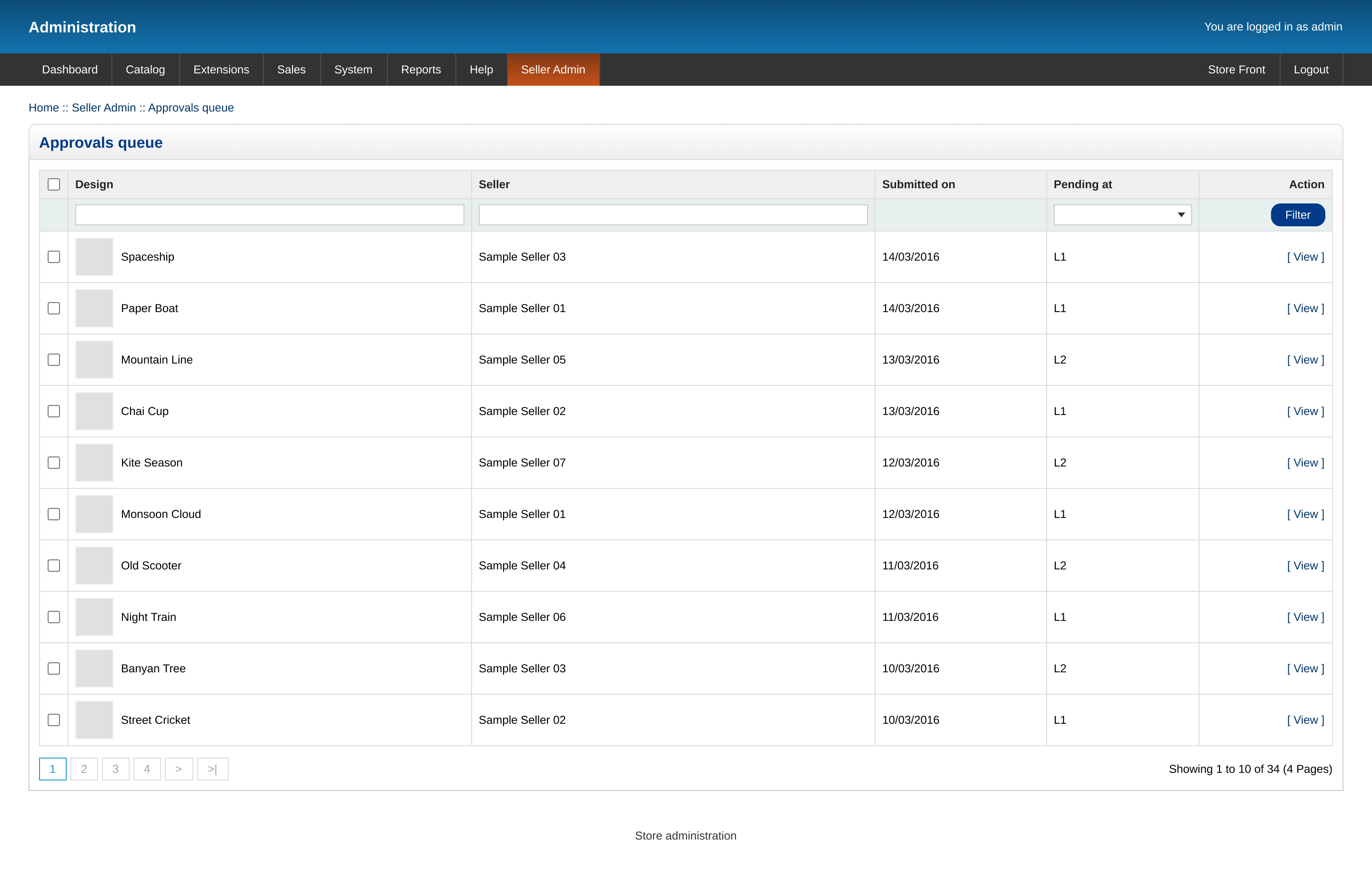 Admin approvals queue listing submitted designs with seller, date and pending review stage.