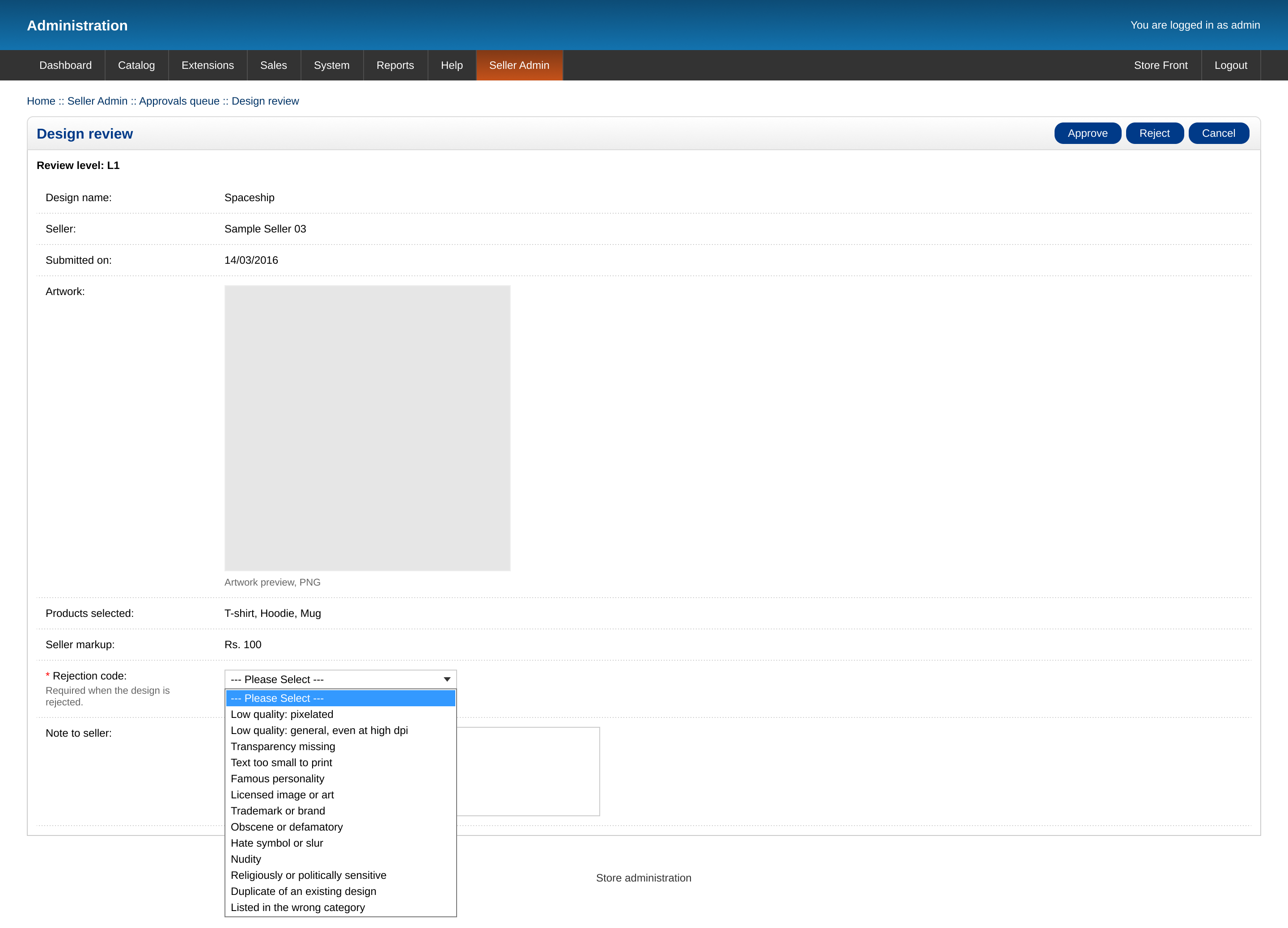 Admin design review screen with the open list of rejection codes and a note field.
