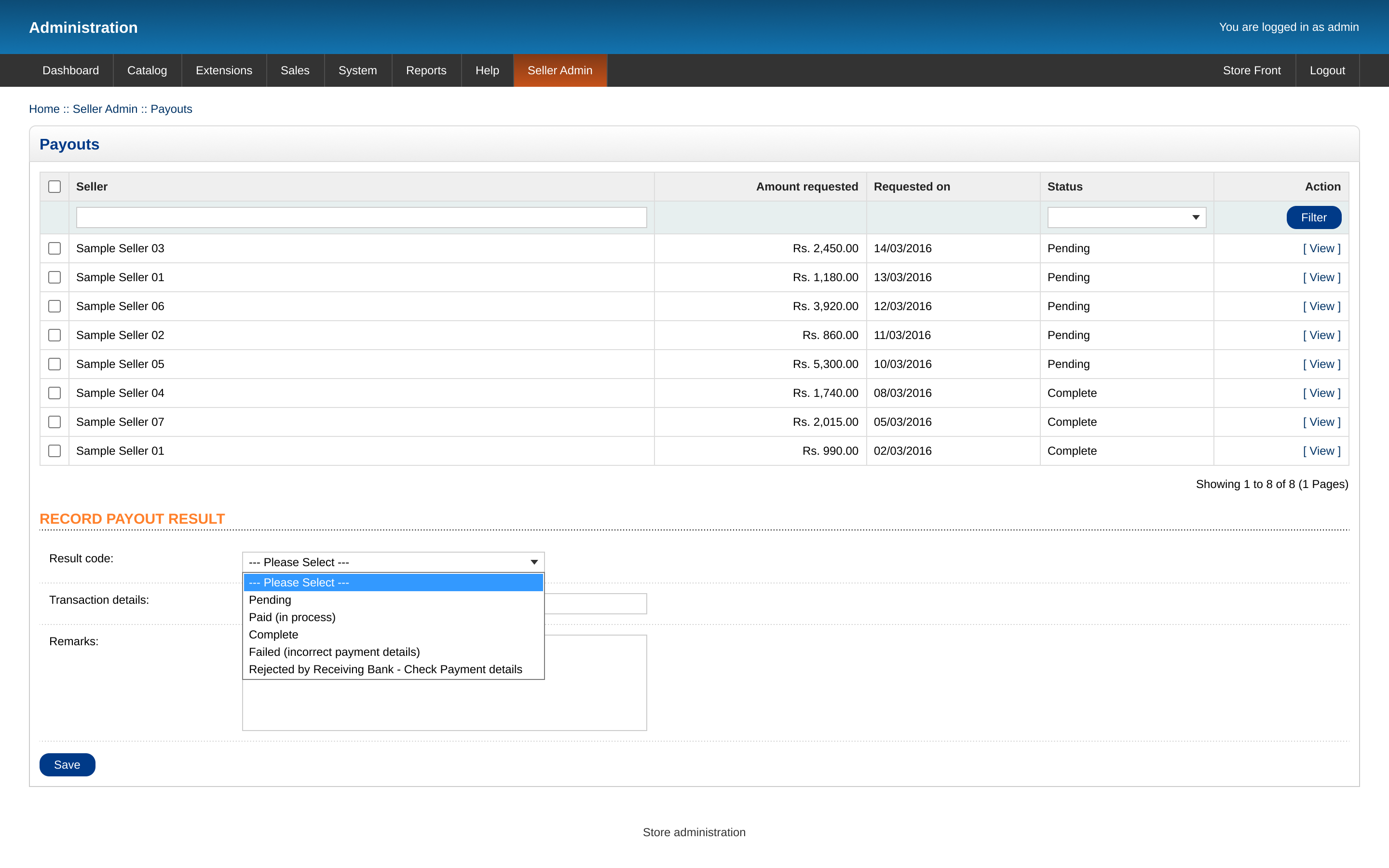Admin payouts screen listing withdrawal requests with a result code for each.