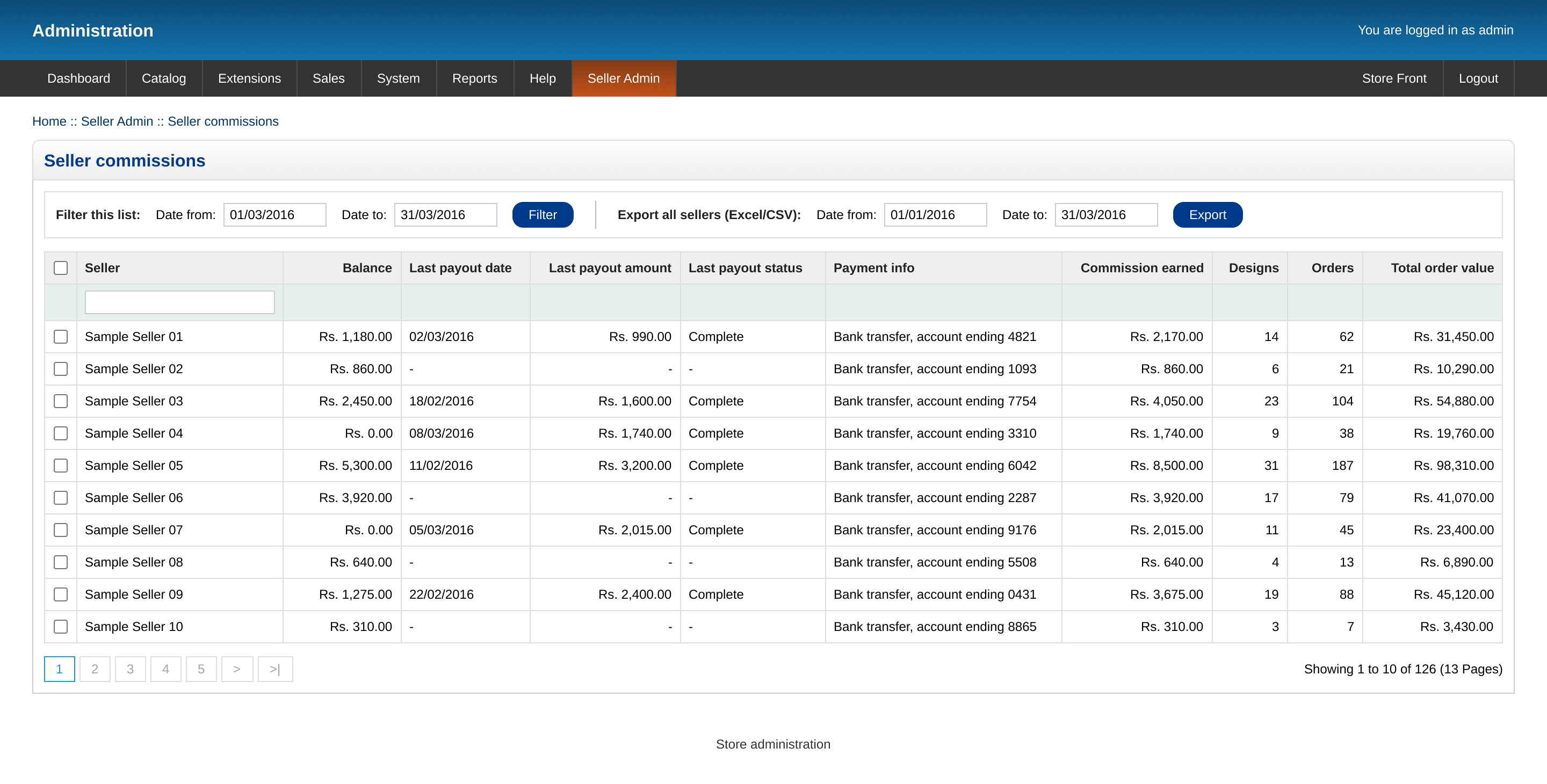 Admin seller commissions table with a date range filter and an export option.
