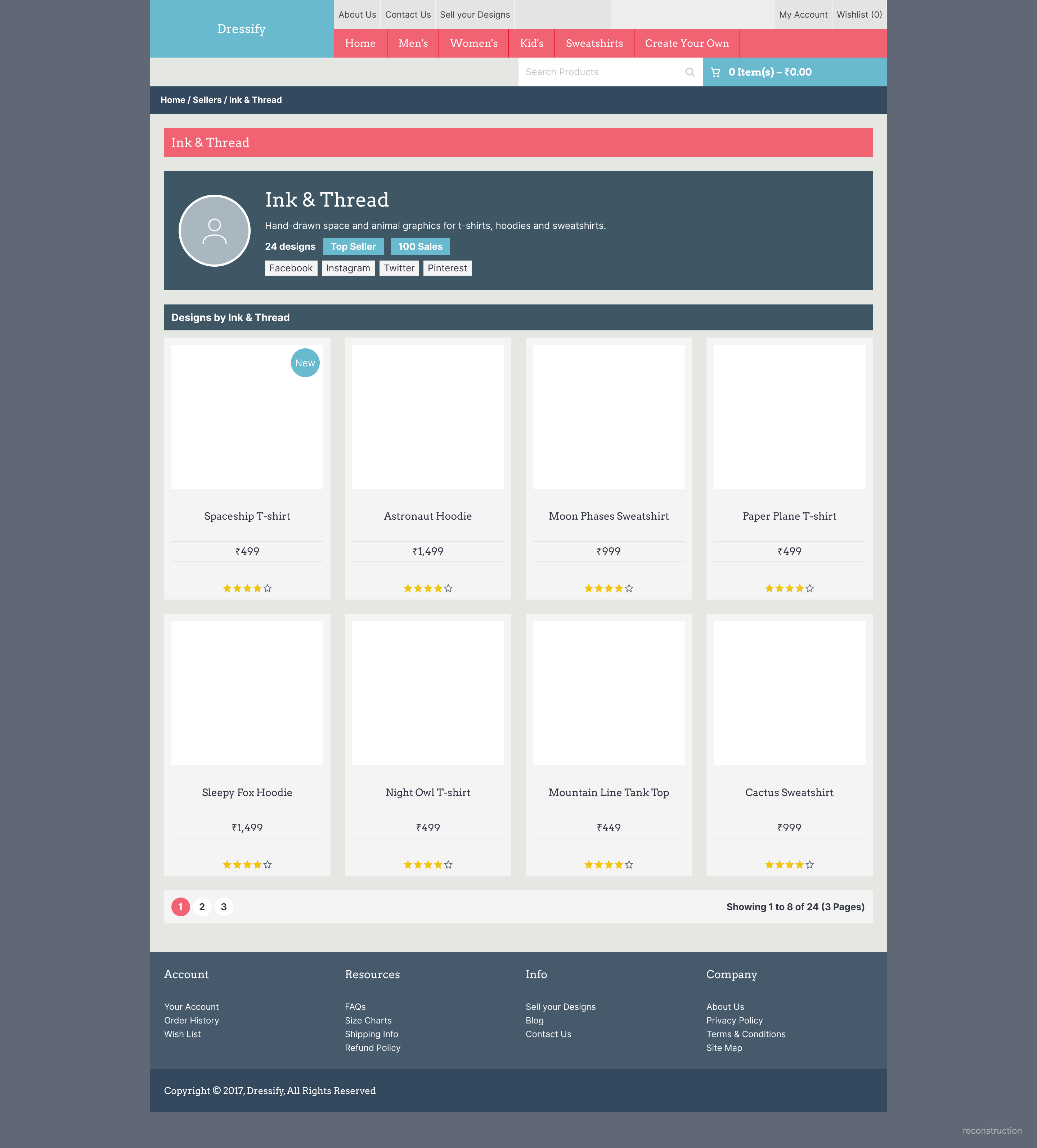 A seller's public storefront with profile header and product grid.
