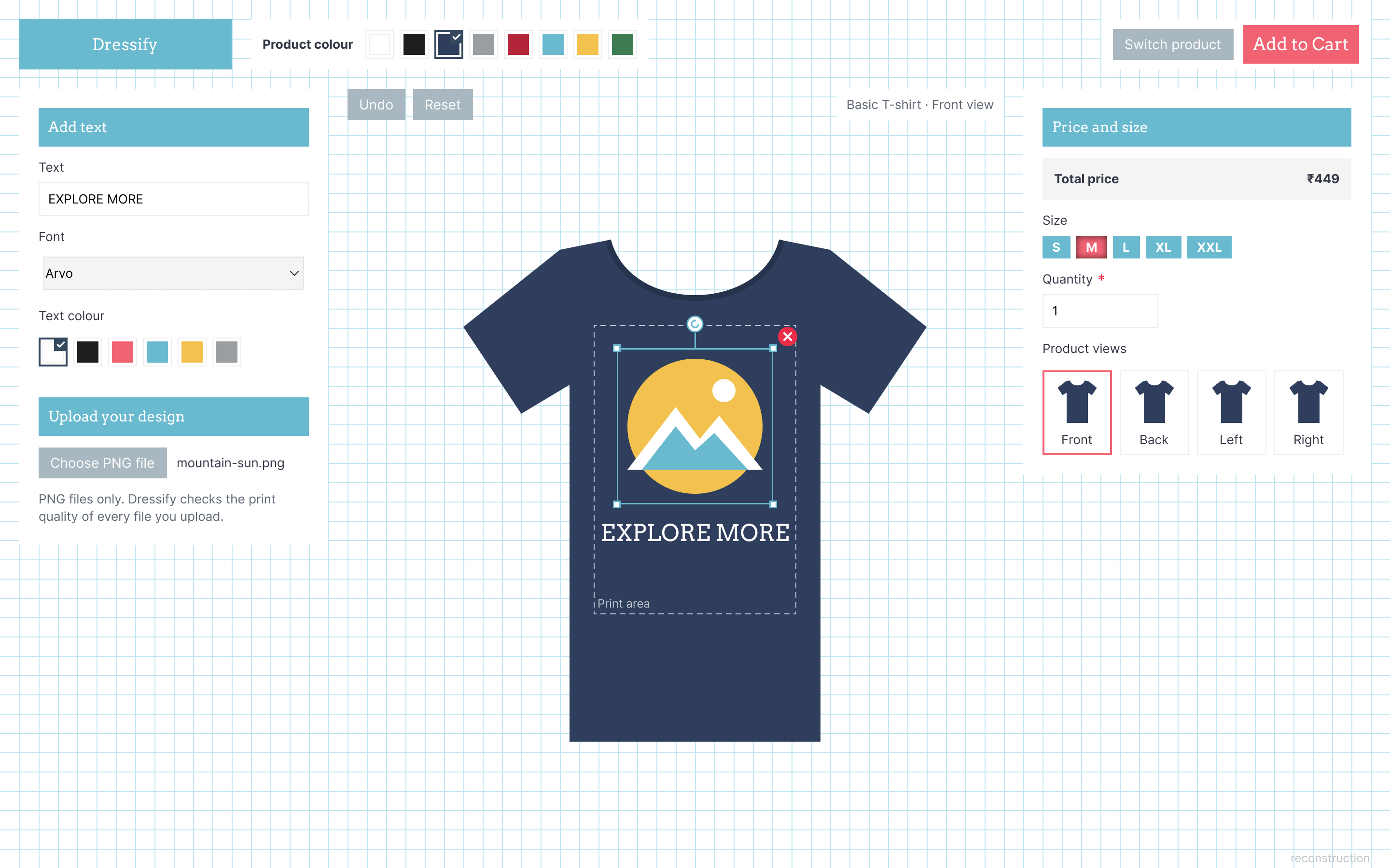 Design tool in customer mode with size, quantity and Add to Cart.