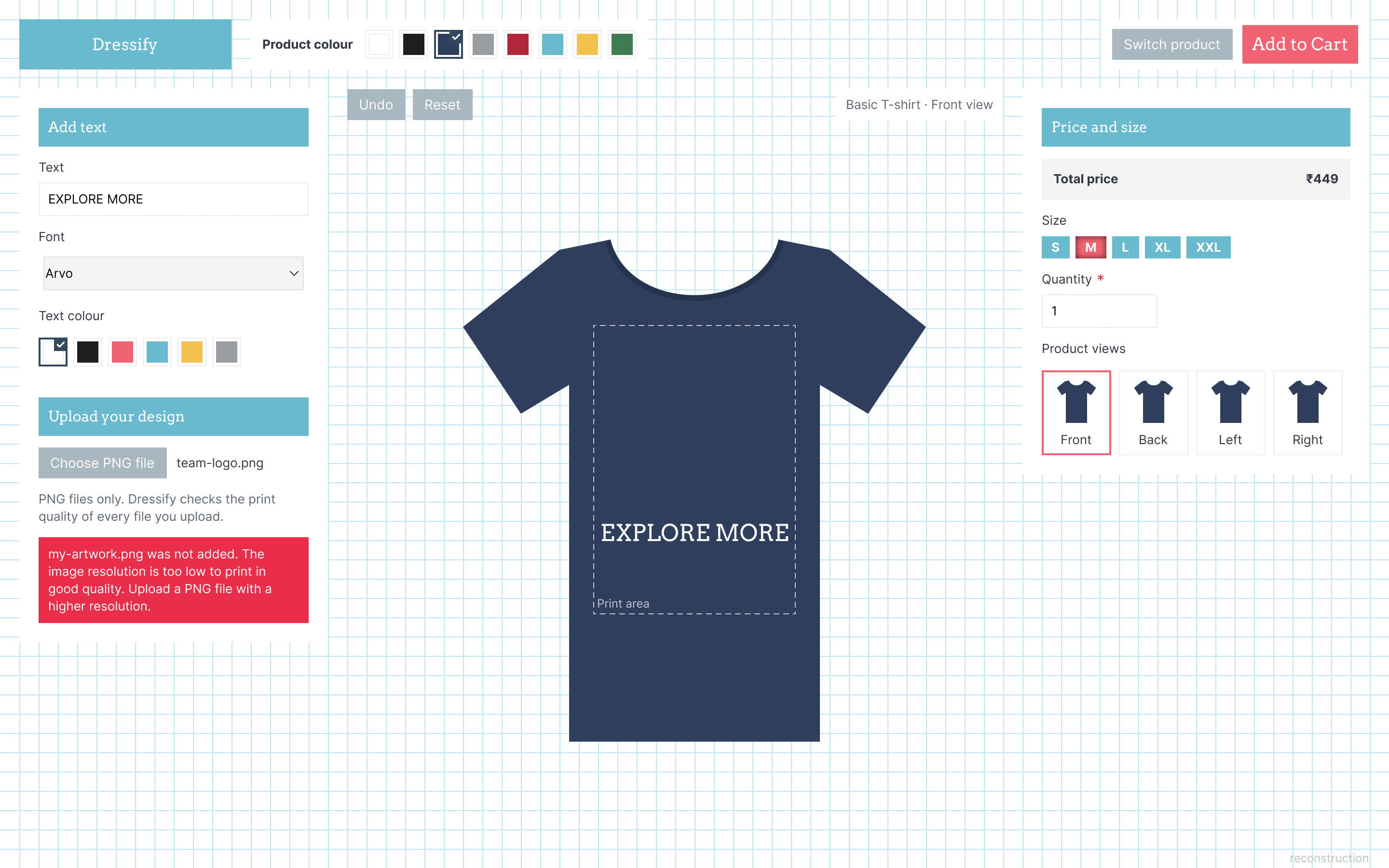 Design tool showing an error message for an uploaded file with too low a resolution.