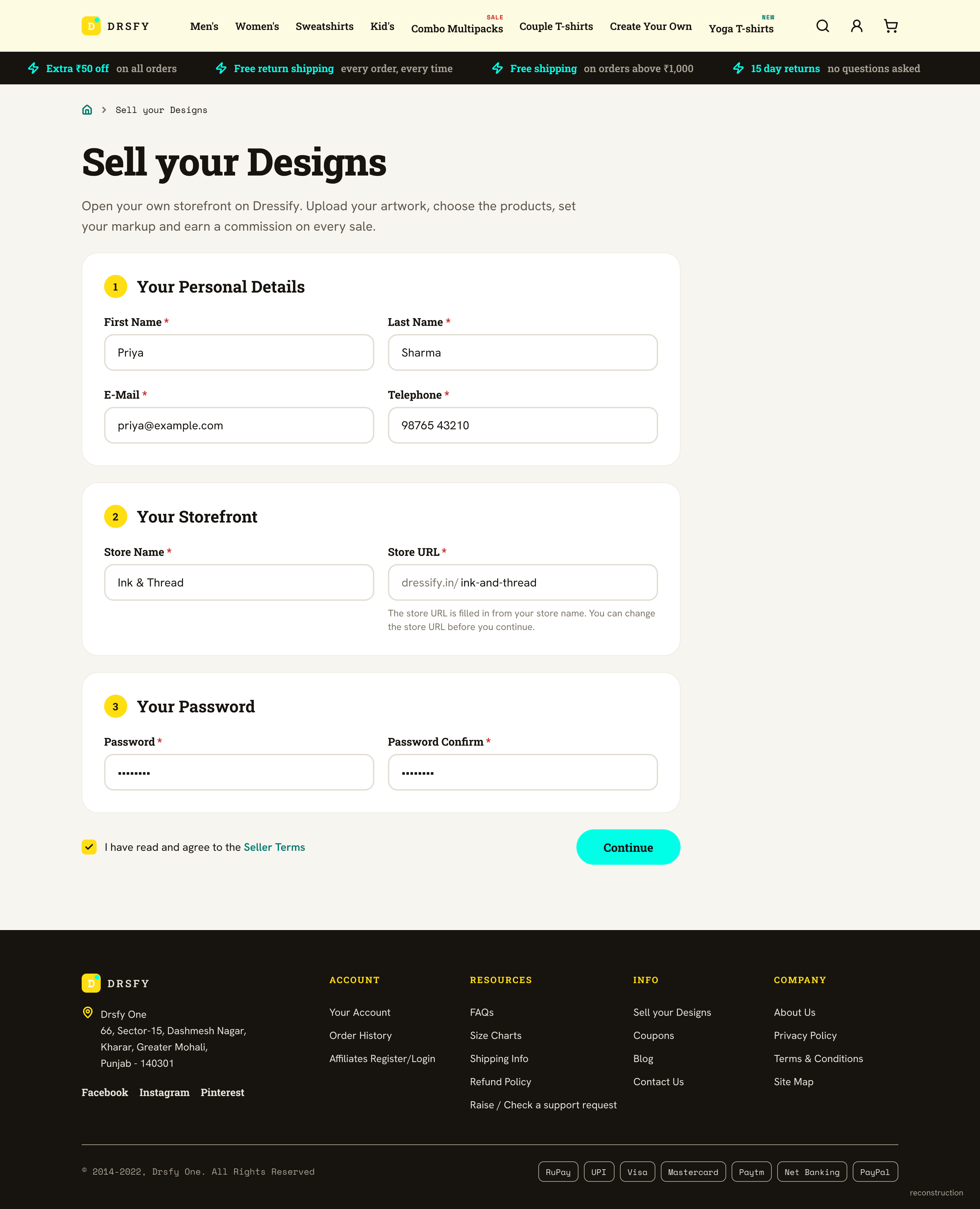 S1 Seller sign-up. Reconstruction of a Dressify.in screen or diagram.