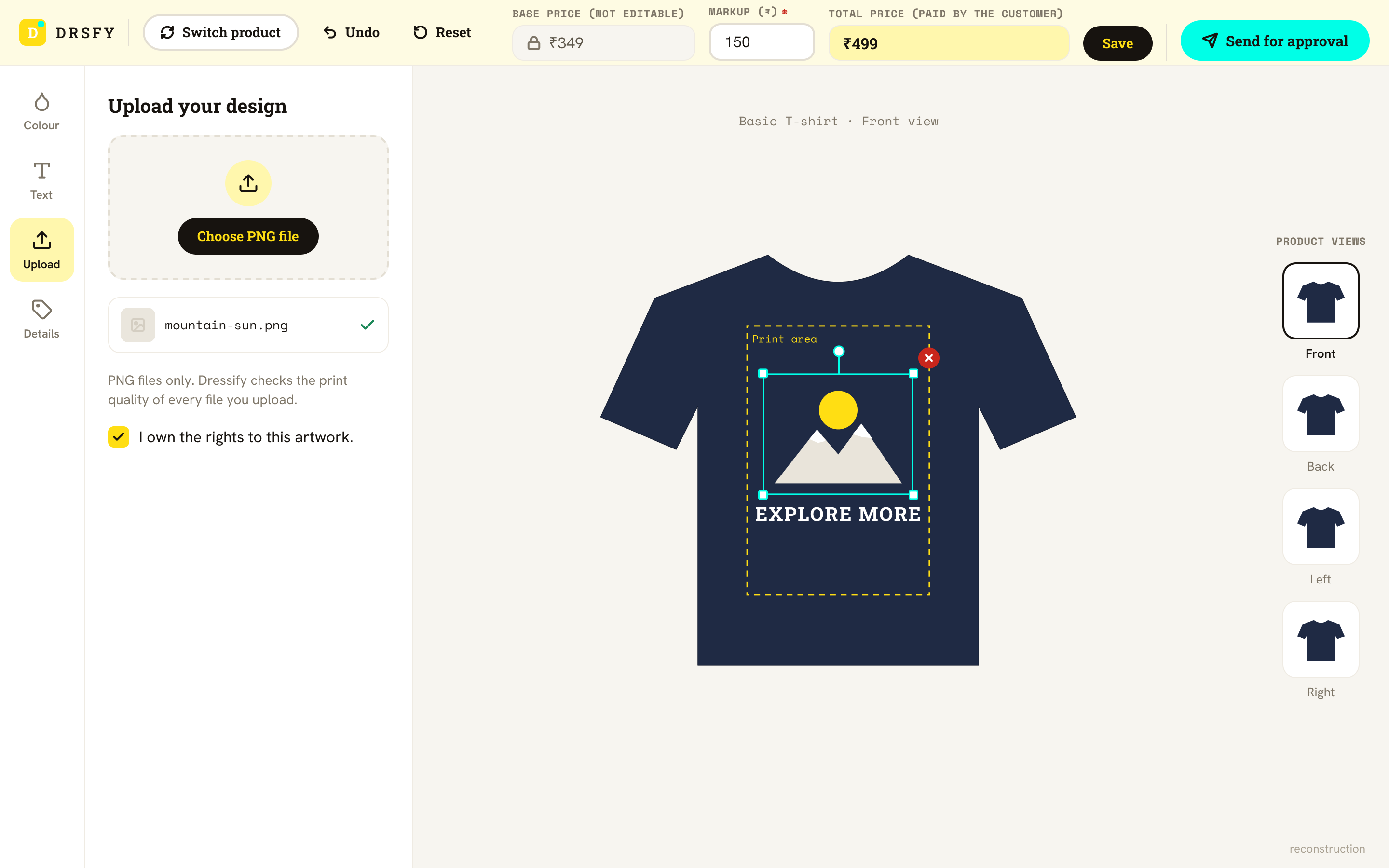 S5 Submit a design (design tool, seller mode). Reconstruction of a Dressify.in screen or diagram.