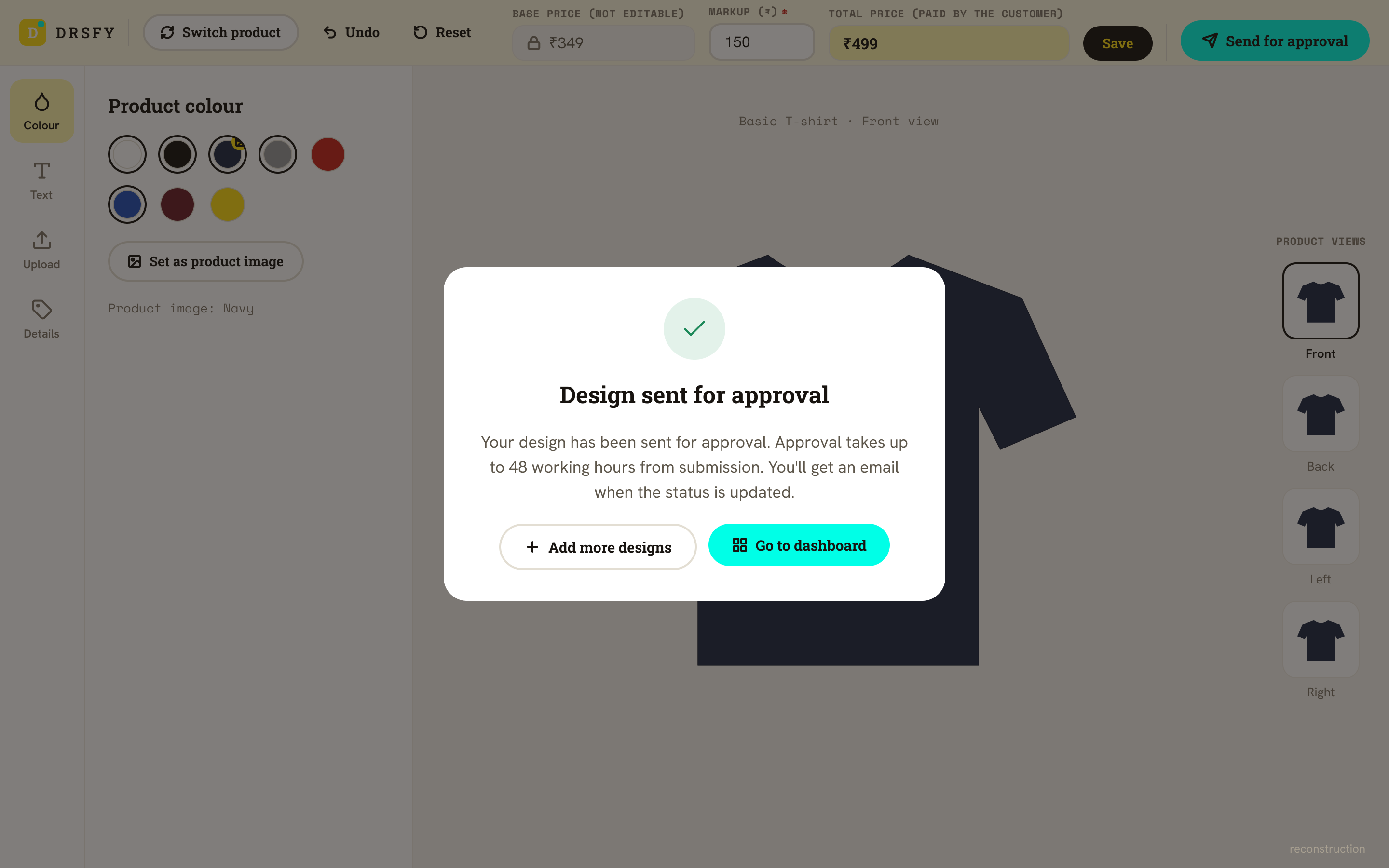 S5 Submit a design: sent for approval. Reconstruction of a Dressify.in screen or diagram.