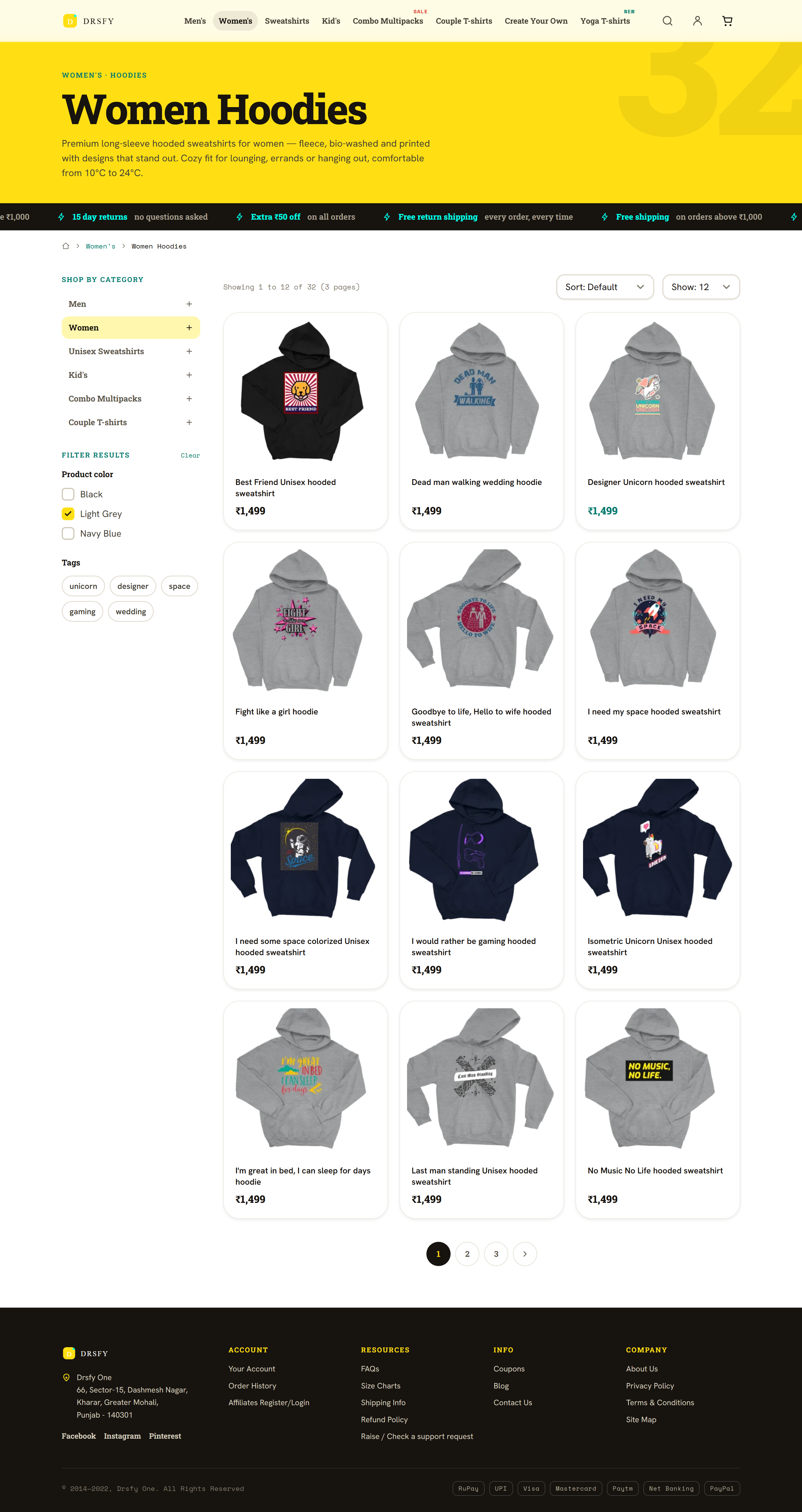 Dressify.in Women's Hoodies category page with a left-hand filter panel and a 12-item product grid.