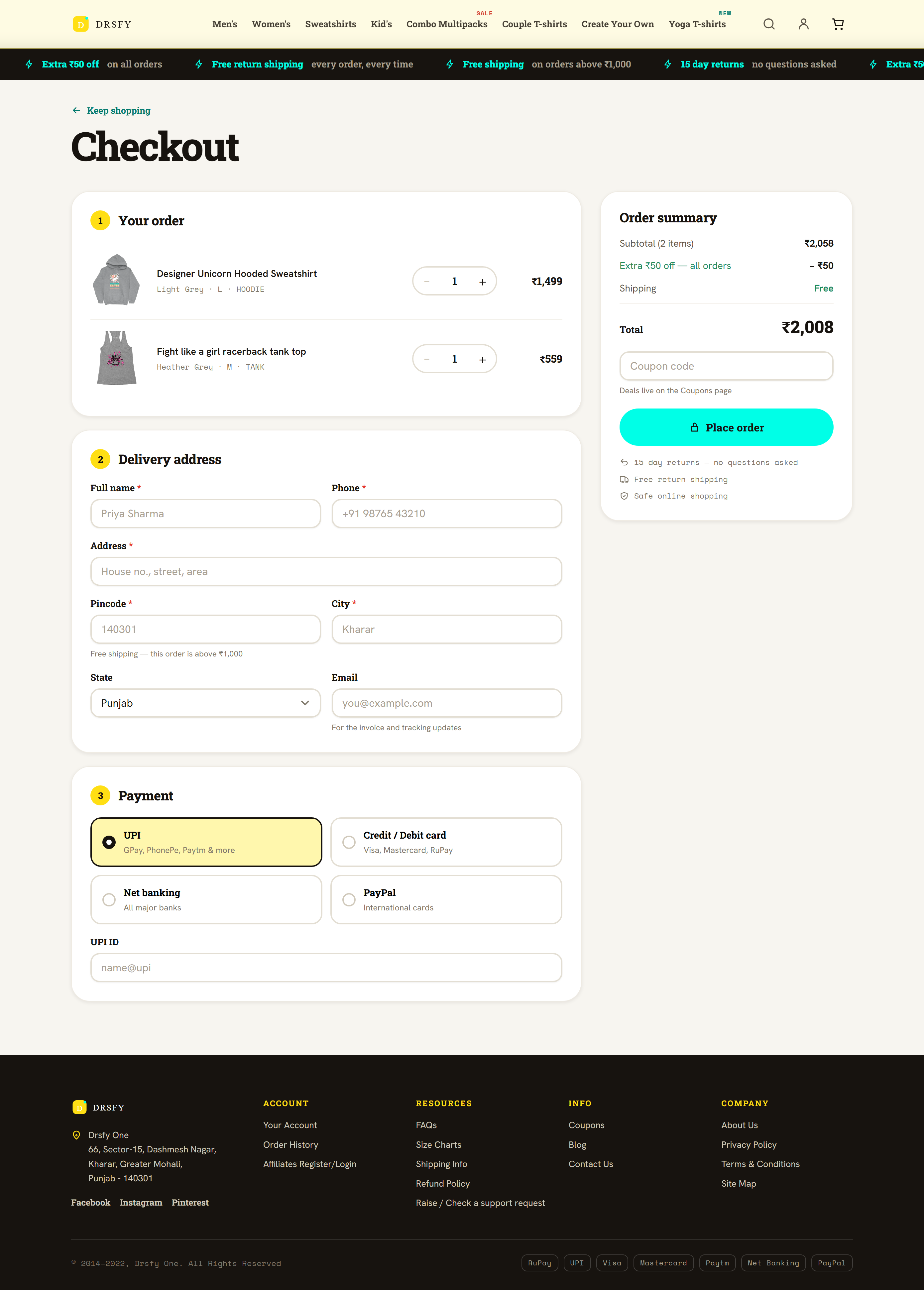 Dressify.in checkout page with order summary, delivery address form, and payment method selection.