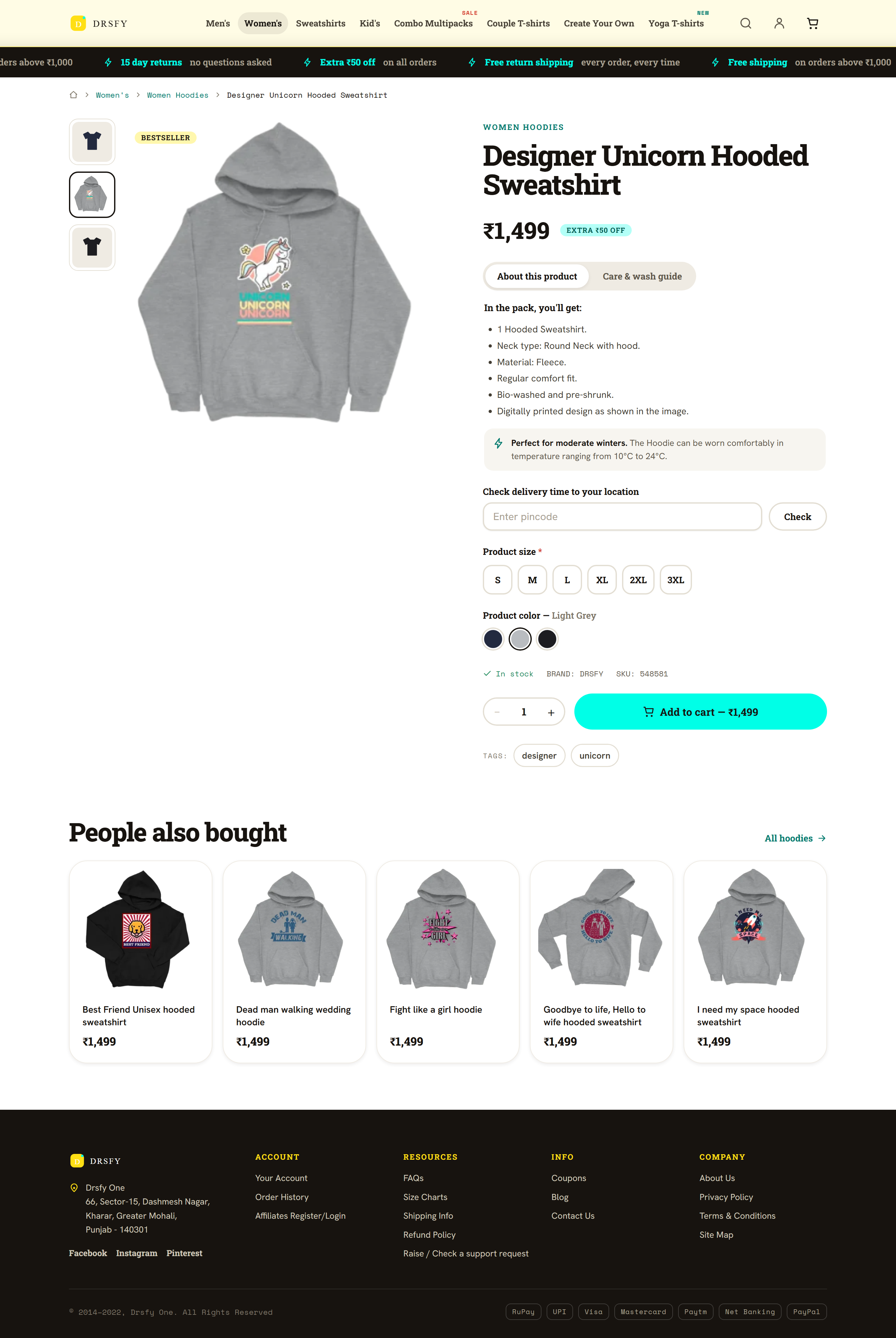 Dressify.in product detail page for a hooded sweatshirt showing size options, color swatches, and related products.