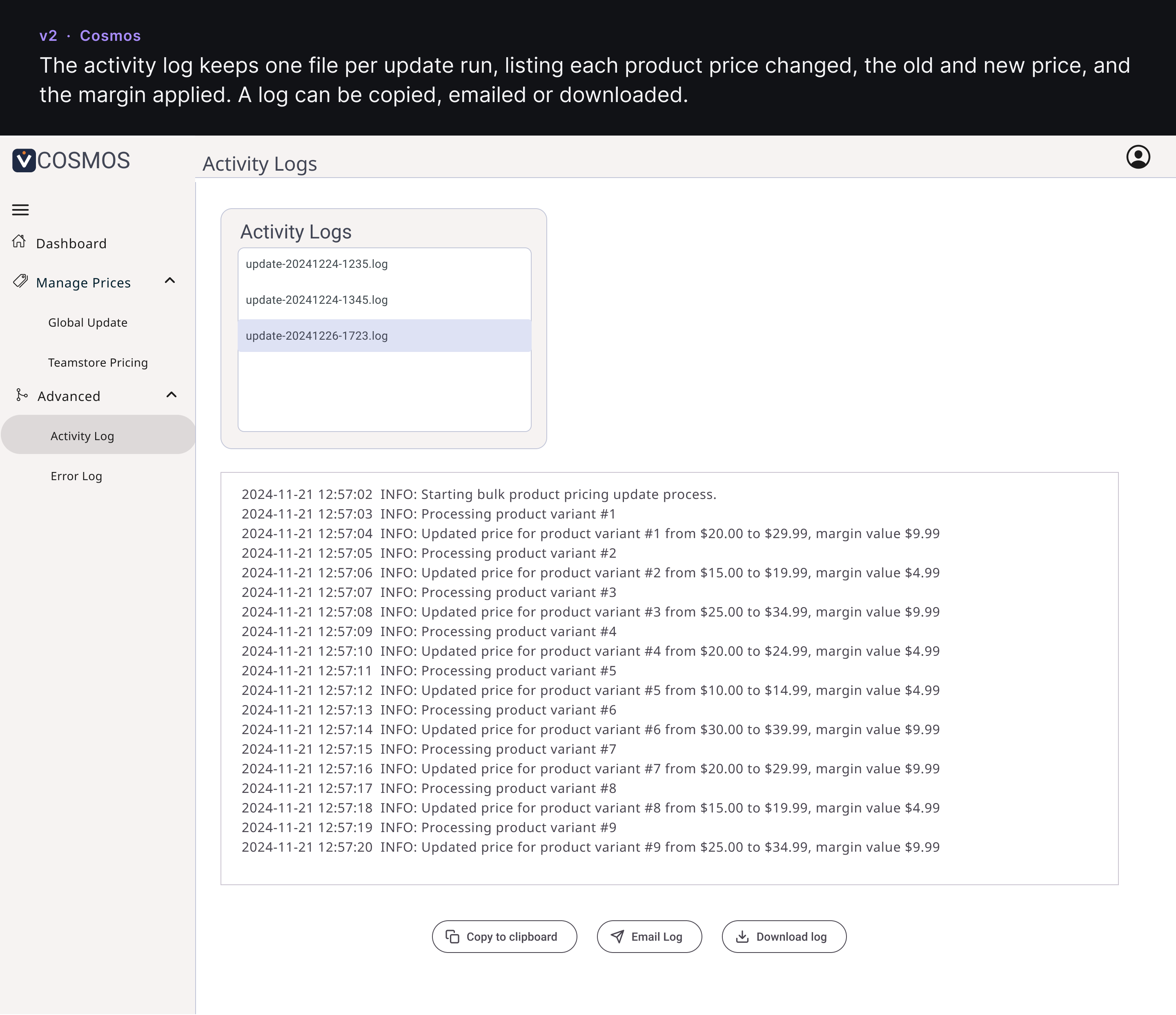 Version 2 activity log with a list of log files and the lines of the selected log.
