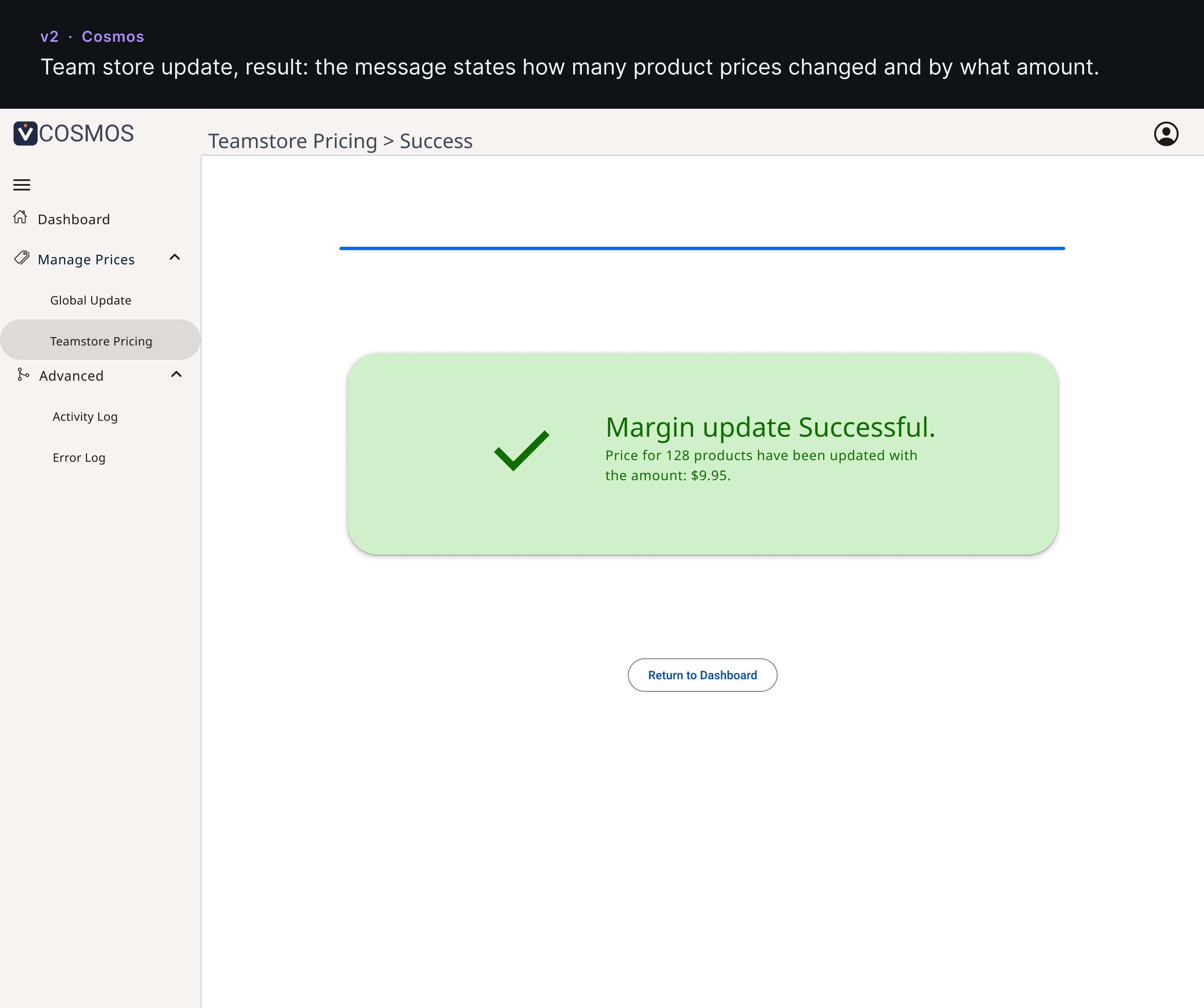 Version 2 result message after a team store update.