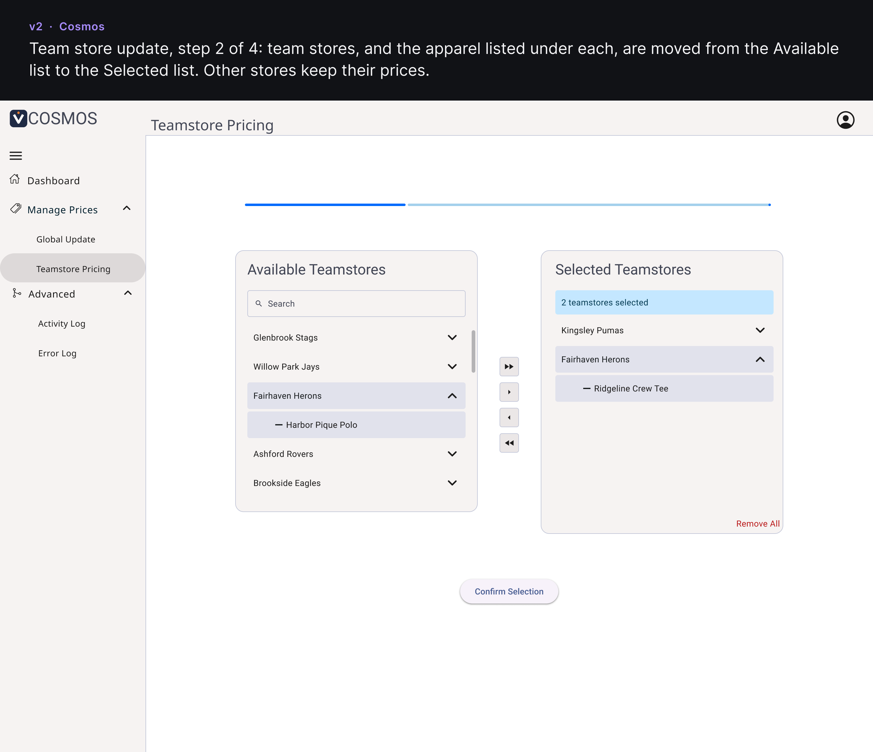 Version 2 team store picker with an Available list and a Selected list.
