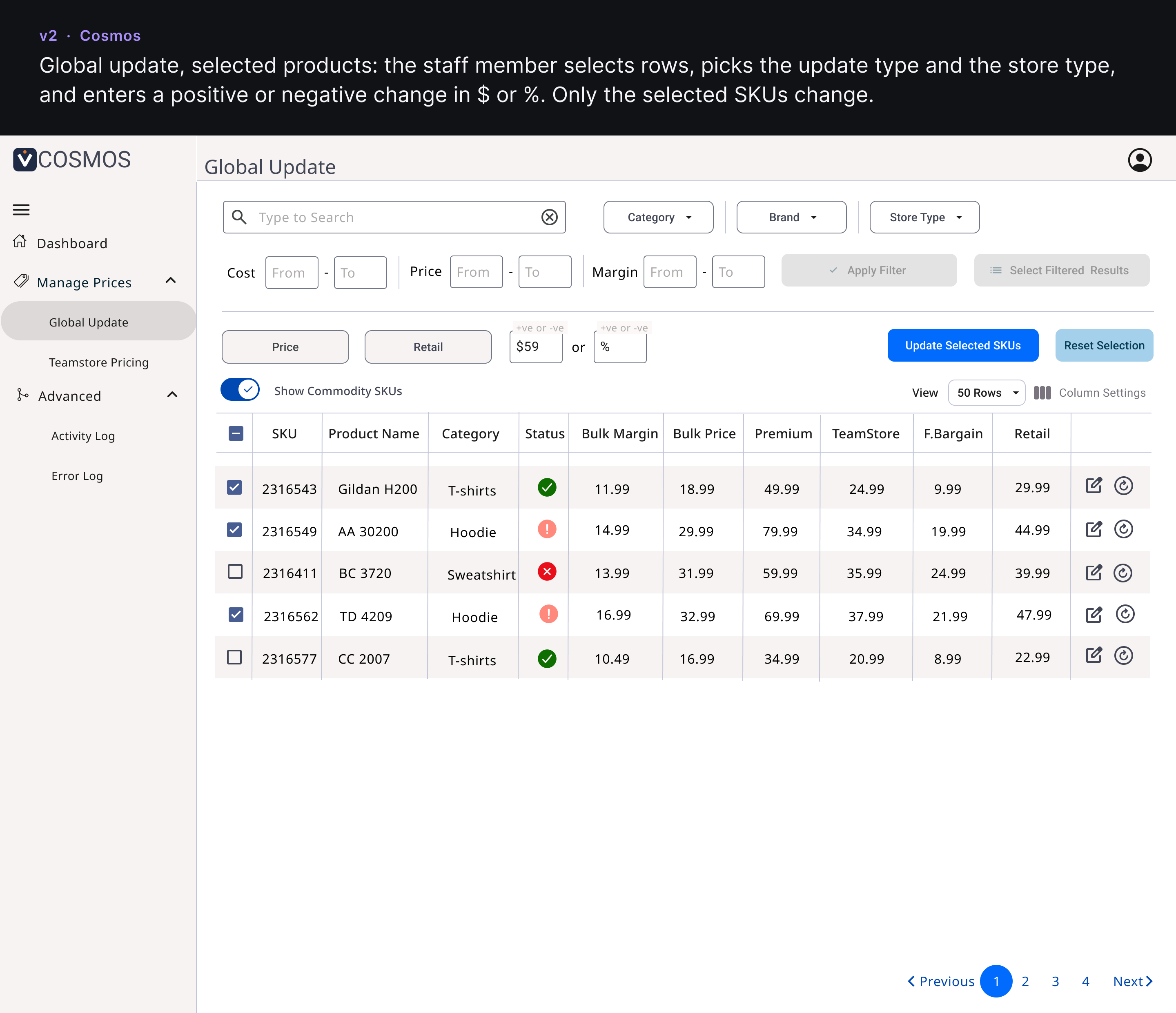 Version 2 global update screen with selected product rows and the update type, store type and amount fields.