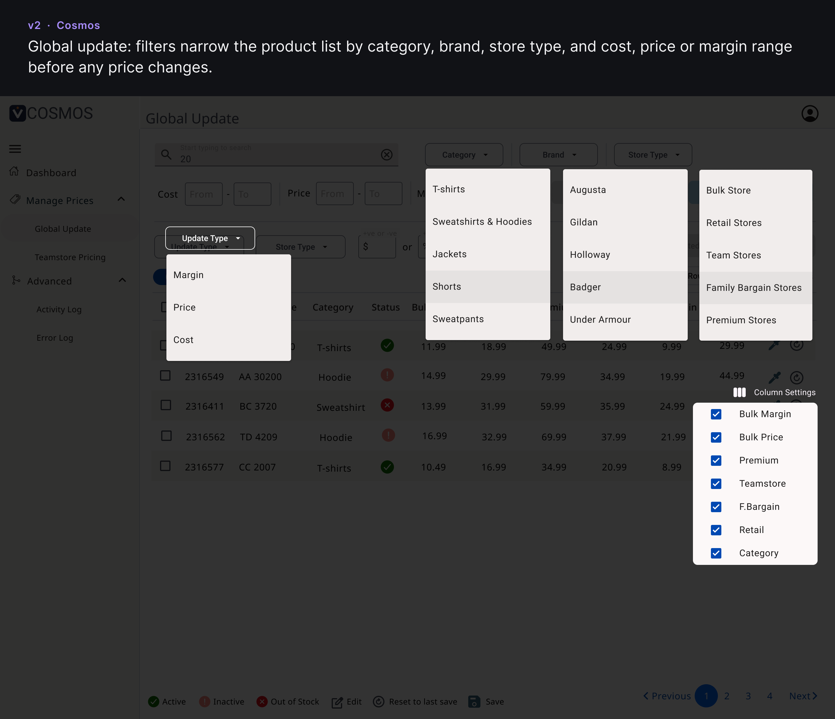 Version 2 global update screen with filters above a product table.