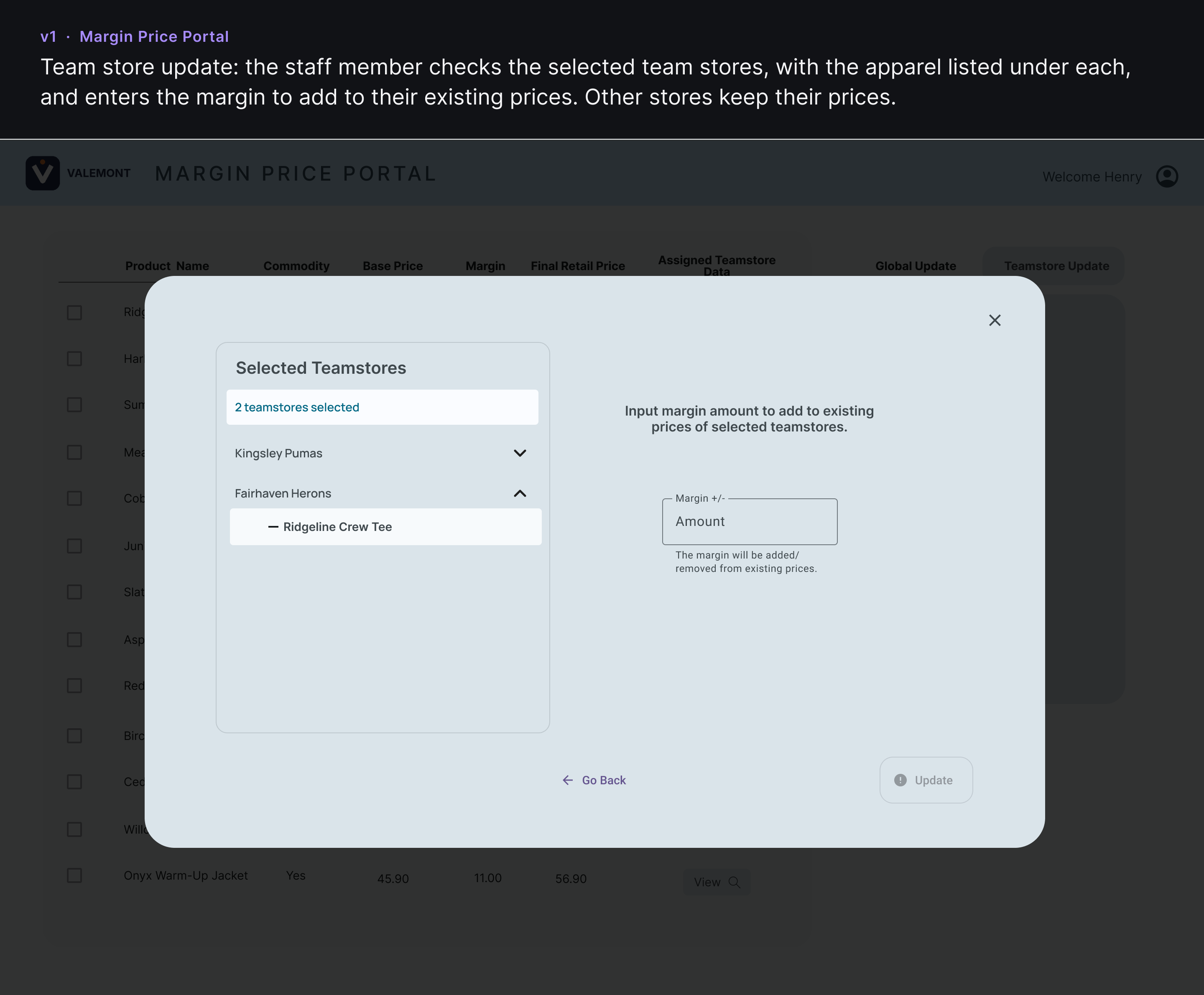 Version 1 team store update modal with a list of team stores and the apparel listed under each, and a margin field.