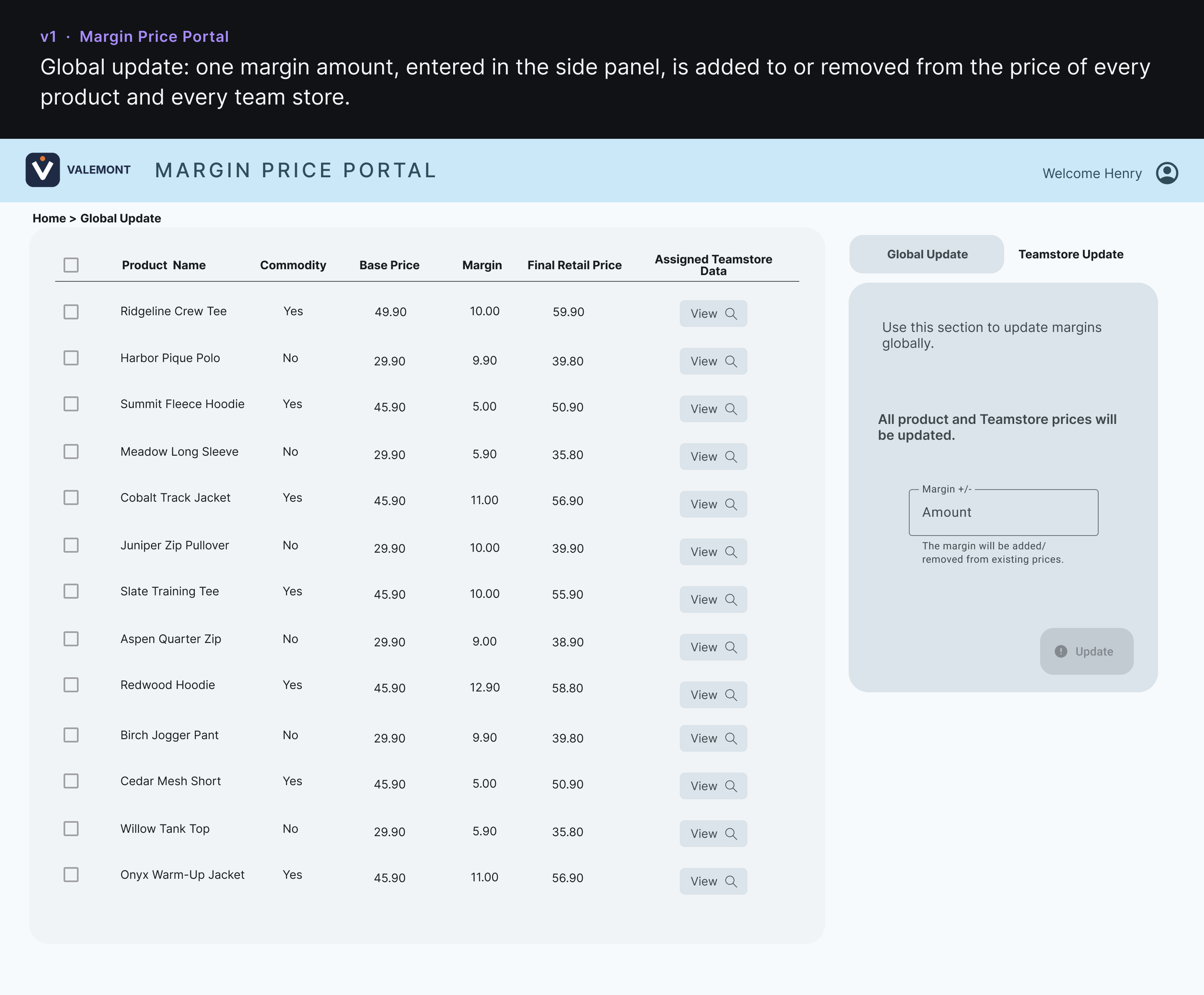 Version 1 product table with a side panel that has the tabs Global Update and Team Store Update.